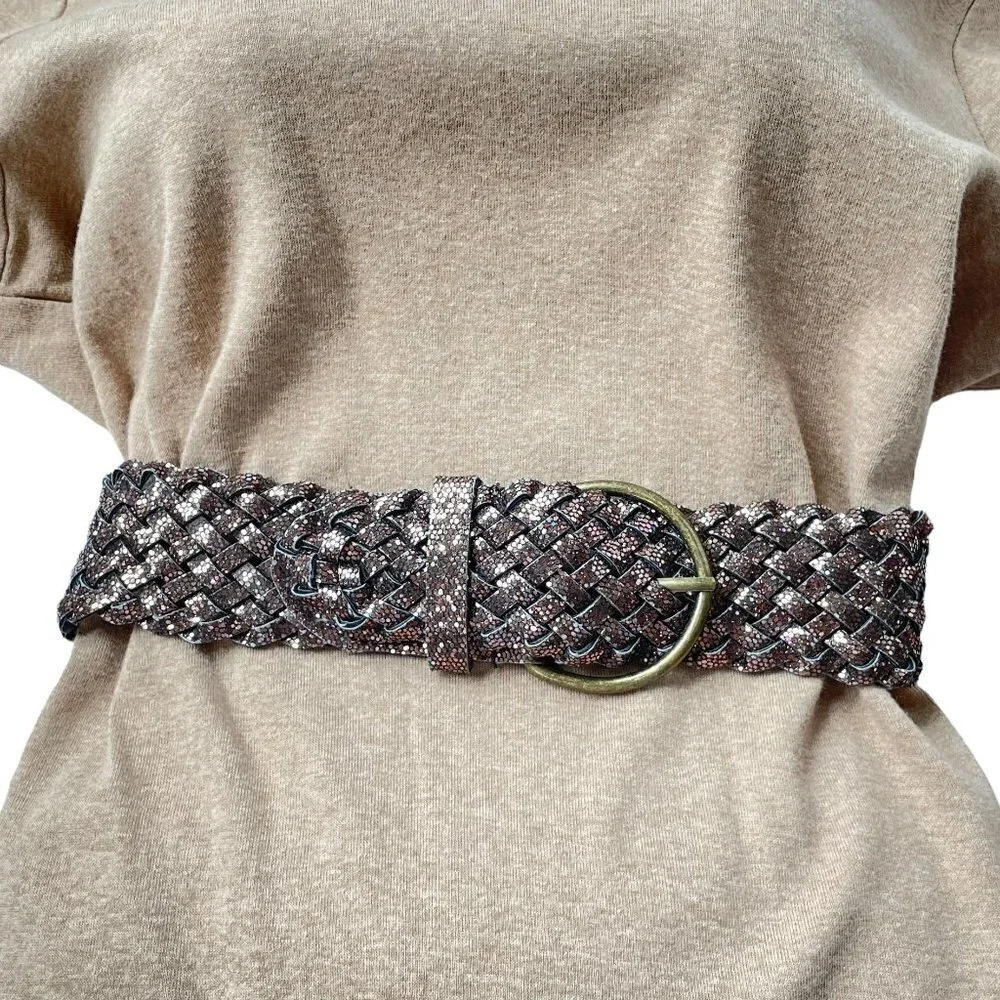 Woven Brown Leather or Faux Leather Belt with Copper Color Glitter Embedded